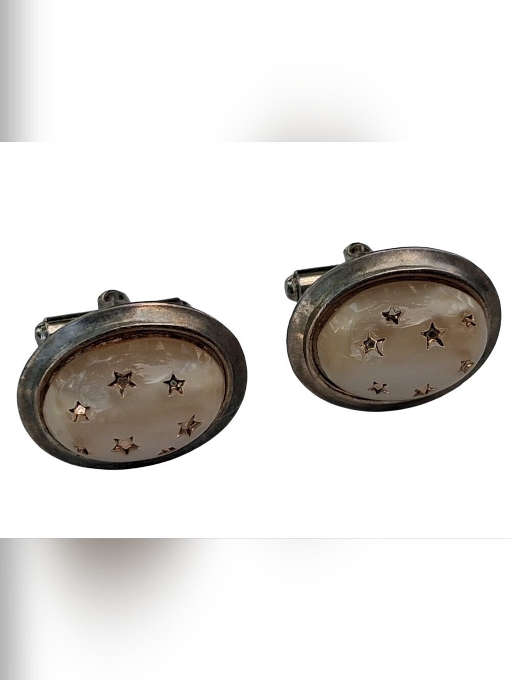 ​Vintage Antique Silvertone Celestial Star Moonstone Glass Cufflinks